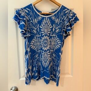 Solitaire Anthropologie cobalt blue white embroidered ruffle sleeve shirt size S